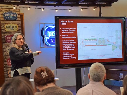 PHOTO BY LAURIE ANDERSON Michelle Fischer, City Administrator, discusses the Mercer Street Paseo project.