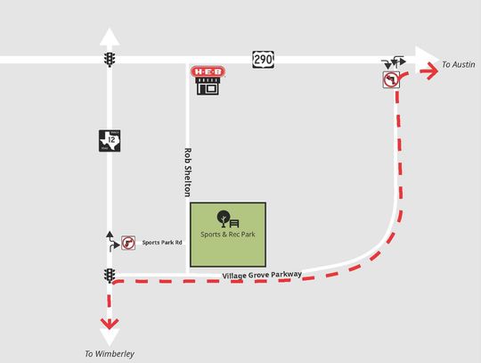 Graphic courtesy of the city of Dripping Springs Pictured above will be the new traffic operations once the Sports Park Road improvements are complete in a few weeks. Sports Park Road will be temporarily closed for construction now that Village Grove Parkway is open.
