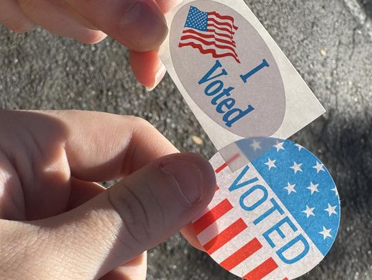 PHOTO BY AUSTIN HAFFELFINGER Two Hays County residents show off their “I Voted” stickers.