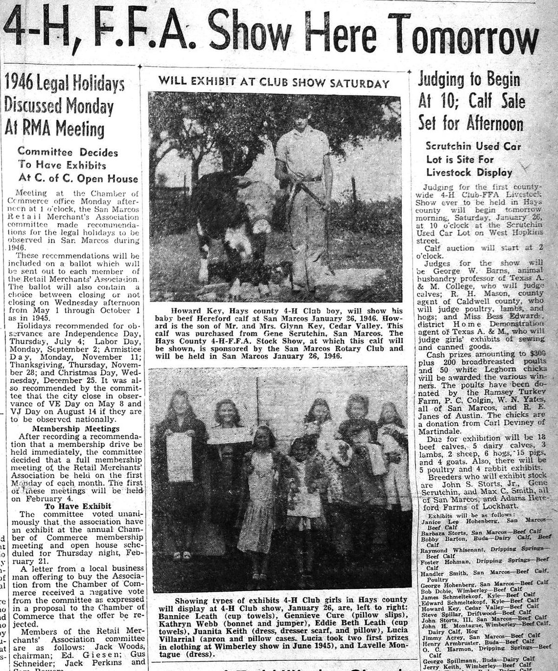 File photo The January 25, 1946 issue of the San Marcos Daily Record showcases the first annual 4-H, FFA livestock show including prize winning apron and pillow cases of Lucia Villarrial, of Wimberley.