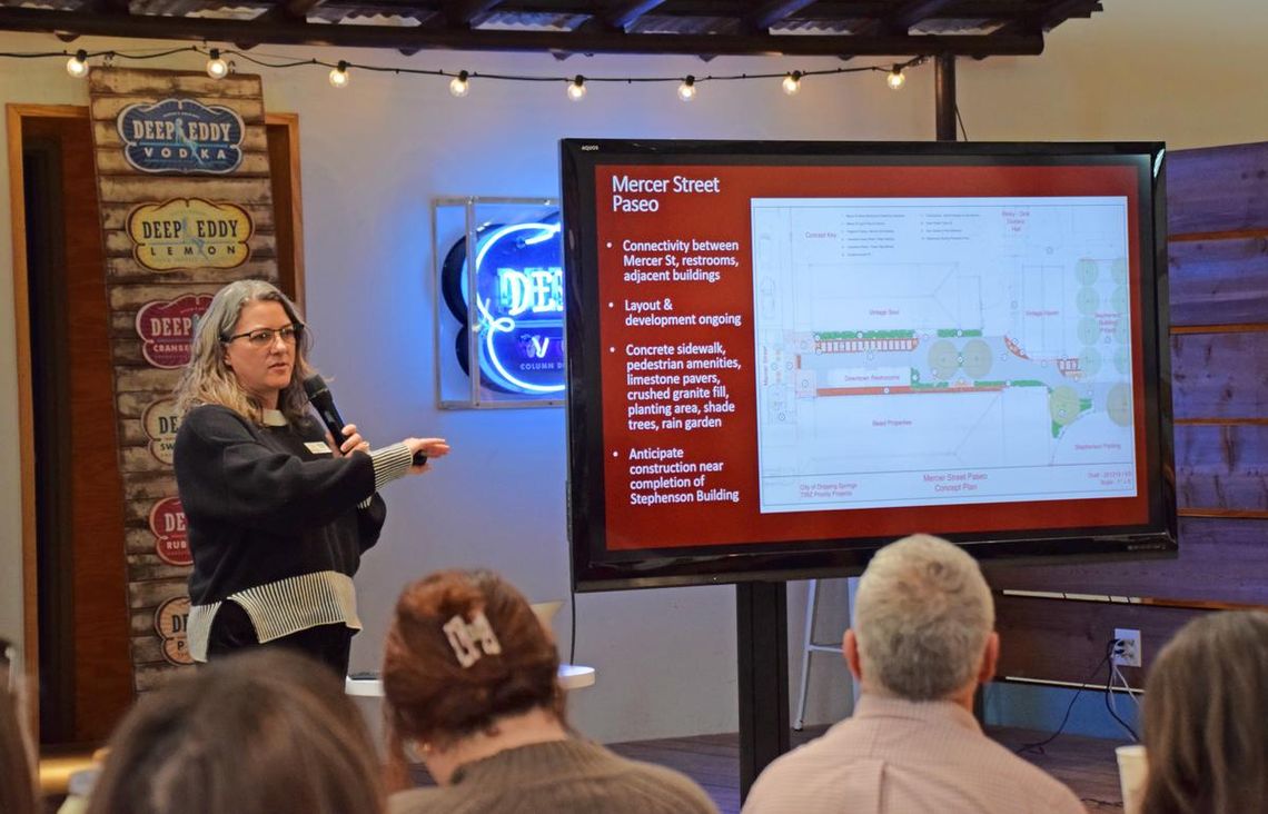 PHOTO BY LAURIE ANDERSON Michelle Fischer, City Administrator, discusses the Mercer Street Paseo project.