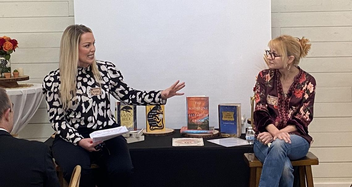 Pouring Over Books event raises funds for local community library CONTRIBUTED PHOTO Moderator Kristen Currie, Morning Meteorologist at KXAN News in Austin, talks with author Elizabeth Crook.