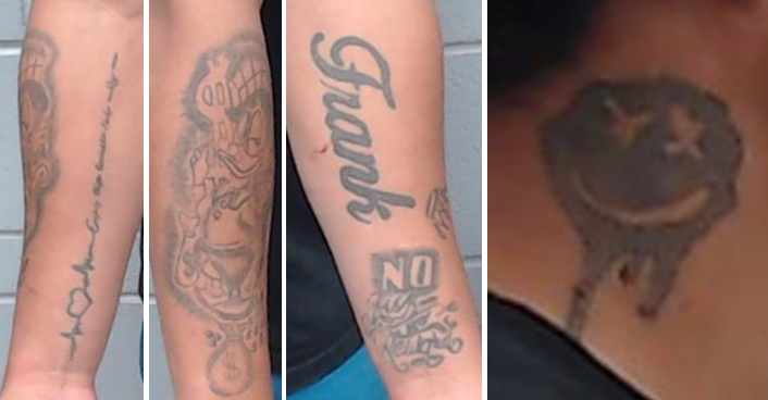 Tabora Dias has distinct tattoos on his neck and both forearms.